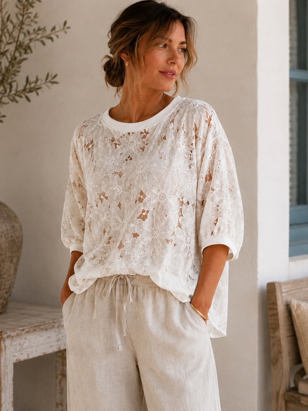 White Floral Burnout Semi-Sheer Overlay Top | Coastal Boho Boutique